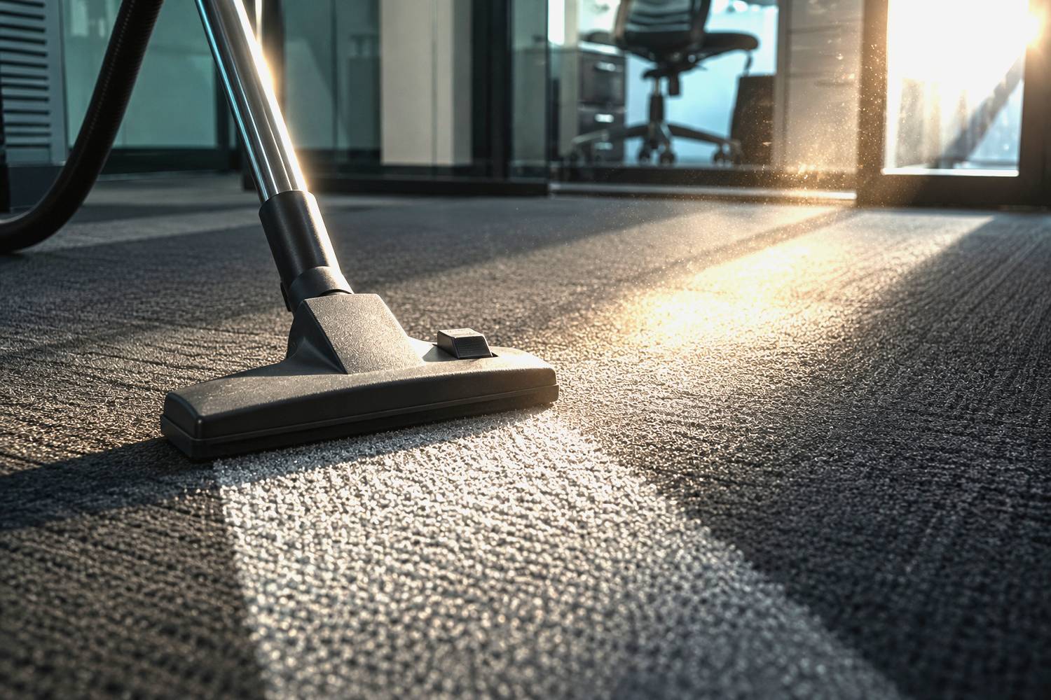 Staubsauger auf Büroteppich mit sichtbarer Reinigungsspur