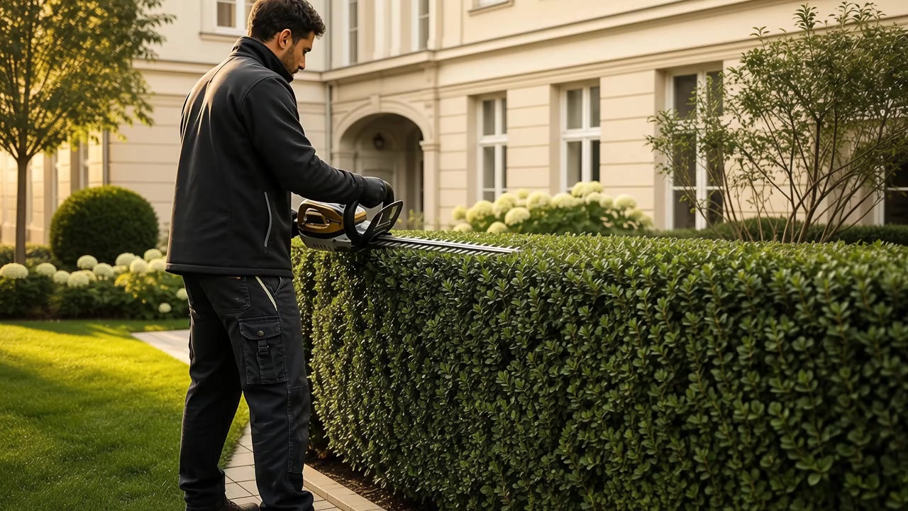Mitarbeiter schneidet die obere Kante einer Hecke mit einer elektrischen Heckenschere
