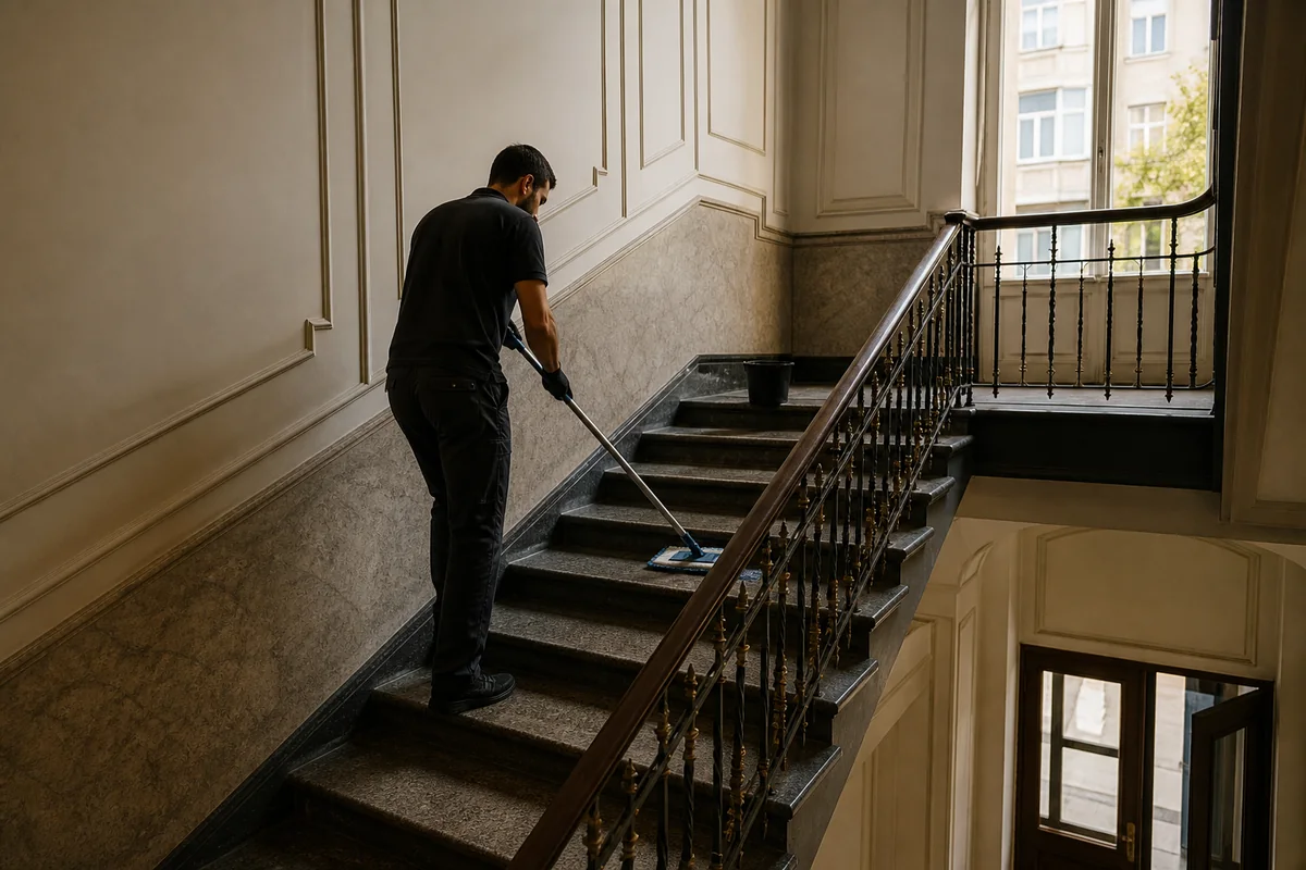 Reinigungskraft beim Wischen eines Berliner Treppenhauses