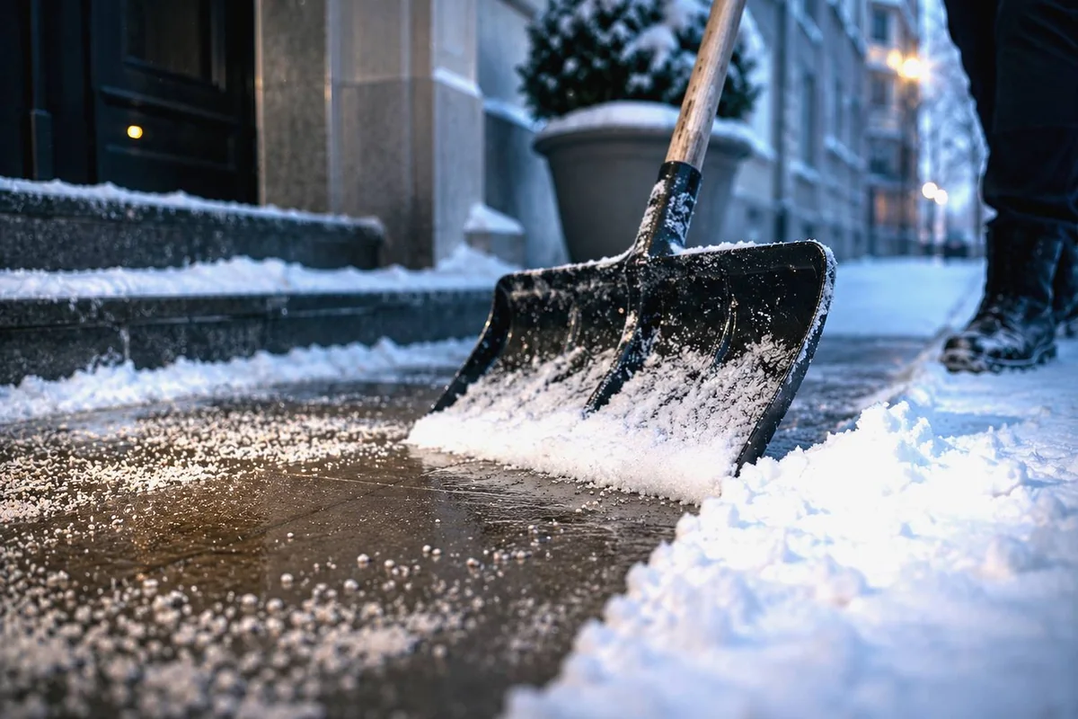 Winterdienst beim Räumen eines verschneiten Gehwegs